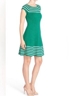Eliza J Green and White Striped Fit-and-Flare Dress